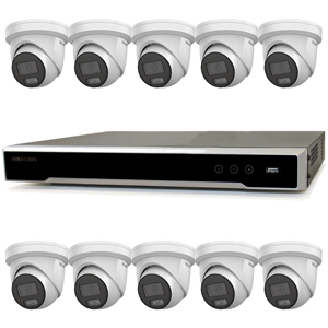 Hikvision 16Ch NVR IP CCTV Kit with 10x Hilook 8MP 4K ColorVu (White Light) 24/7 Colour PoE Turret Camera with Built in Mic (2.8mm Lens / White)