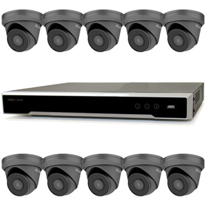 Hikvision 16Ch NVR IP CCTV Kit with 10x Hilook 8MP Turret Camera with 30m IR Night Vision, built in Mic & PoE (2.8mm Lens / Grey)