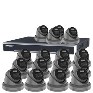 Hikvision 16Ch NVR IP CCTV Kit with 16x HiLook 5MP ColorVu (White Light) PoE Turret Camera with Built in Mic (2.8mm Lens / in Grey)