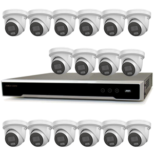 Hikvision 16Ch NVR IP CCTV Kit with 16x Hilook 8MP 4K ColorVu (White Light) 24/7 Colour PoE Turret Camera with Built in Mic (2.8mm Lens / White)