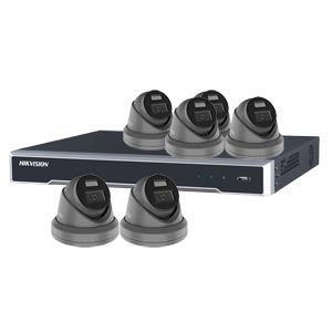 Hikvision 8Ch NVR IP CCTV Kit with 6x HiLook 5MP ColorVu (White Light) PoE Turret Camera with Built in Mic (2.8mm Lens / in Grey)