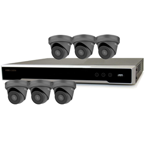 Hikvision 8Ch NVR IP CCTV Kit with 6x HiLook 5MP IP Turret Camera with 30m Night Vision, built in Mic & PoE (2.8mm Lens / Grey)