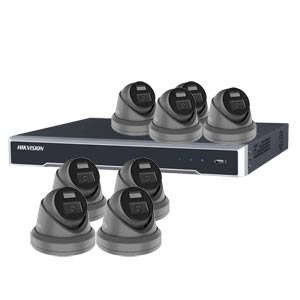Hikvision 8Ch NVR IP CCTV Kit with 8x HiLook 5MP ColorVu (White Light) PoE Turret Camera with Built in Mic (2.8mm Lens / in Grey)