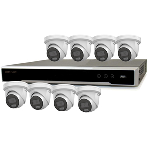Hikvision 8Ch NVR IP CCTV Kit with 8x Hilook 8MP 4K ColorVu (White Light) 24/7 Colour PoE Turret Camera with Built in Mic (2.8mm Lens / White)