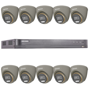 Hikvision 16Ch HD-TVI CCTV Kit with 10x 8MP 4K Fixed Lens ColorVu PoC White Light Grey Turret Camera (2.8mm Lens)