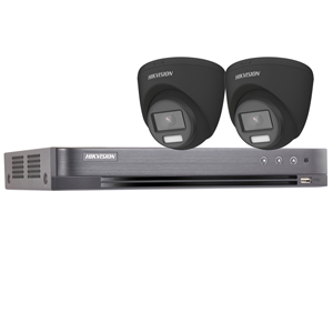 Hikvision 4Ch HD-TVI CCTV Kit with 2x 5MP 3K Fixed Lens ColorVu PoC White Light Black Turret Camera (2.8mm Lens)
