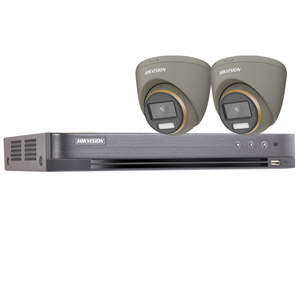 Hikvision 4Ch HD-TVI CCTV Kit with 2x 8MP 4K Fixed Lens ColorVu PoC White Light Grey Turret Camera (2.8mm Lens)
