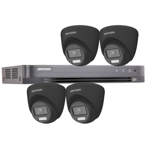 Hikvision 4Ch HD-TVI CCTV Kit with 4x 5MP 3K Fixed Lens ColorVu PoC White Light Black Turret Camera (2.8mm Lens)