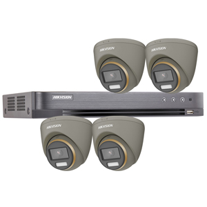Hikvision 4Ch HD-TVI CCTV Kit with 4x 8MP 4K Fixed Lens ColorVu PoC White Light Grey Turret Camera (2.8mm Lens)