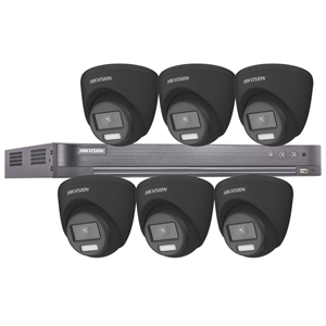Hikvision 8Ch HD-TVI CCTV Kit with 6x 5MP 3K Fixed Lens ColorVu PoC White Light Black Turret Camera (2.8mm Lens)