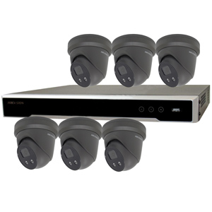 Hikvision 8Ch IP CCTV Kit with 6x DarkFighter AcuSense 4MP Grey IR Turret Network Camera with built in Mic